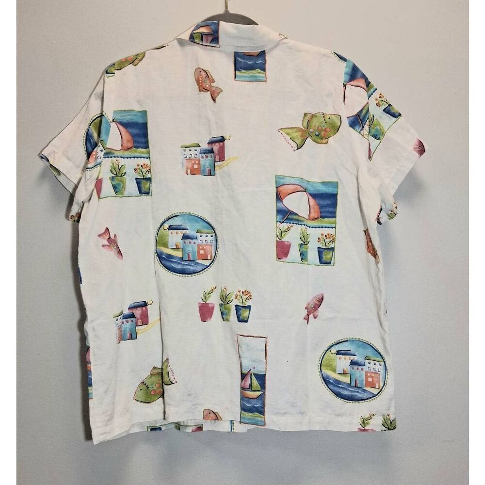 Hot cotton usa womens large linen shirt art wear white green fishes nature top - Picture 6 of 9